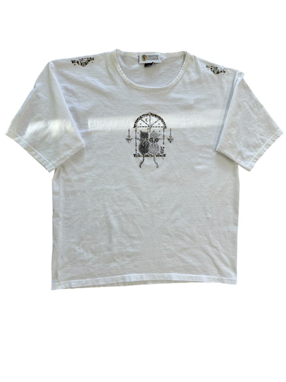Christine Alexander Cat Graphic Tee White Rhinestone XL